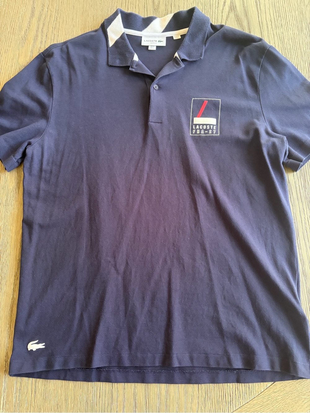 Lacoste Navy Polo with White-Trim Contrast Collar and Chest Patch Large Slim Fit